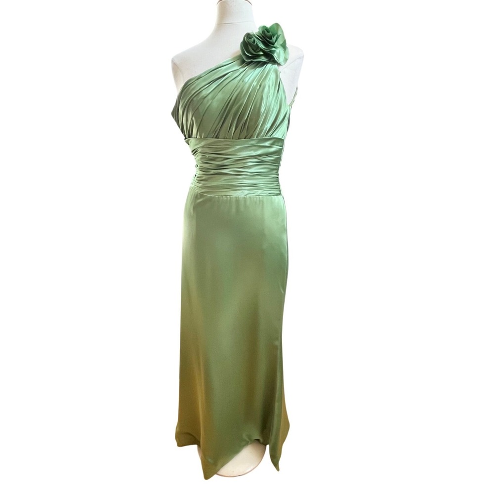 Green Satin One Shoulder Floor Length Gown Rosette Detail Pleated Bodice Size 4